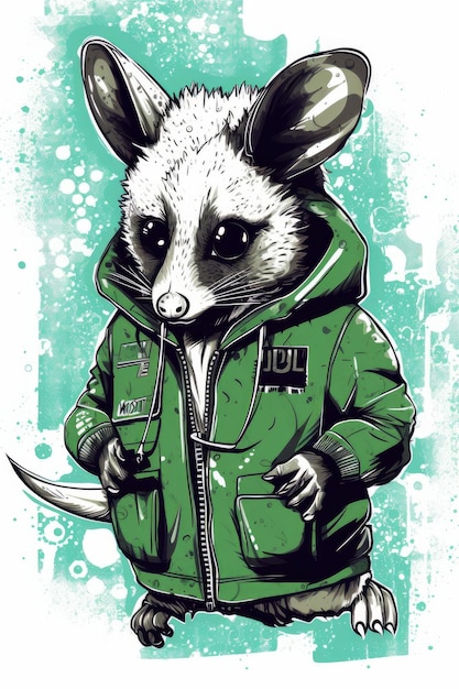 Una ilustración de una zarigüeya con una chaqueta verde y las palabras lul en ella.