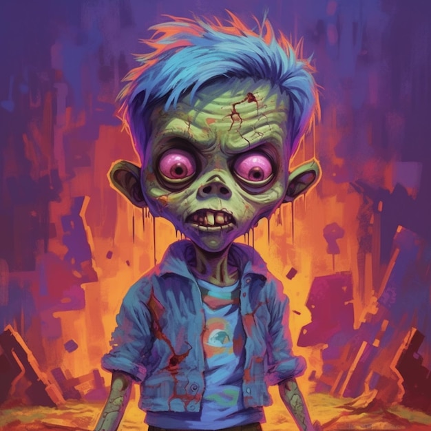 Ilustración de un zombi con cabello azul y una camisa azul generativa ai