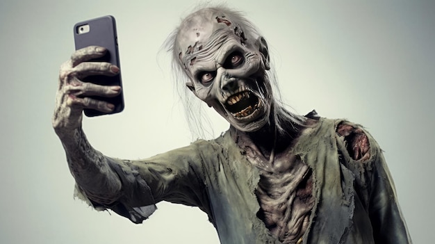 Ilustración de un zombi haciéndose un selfie con un móvil