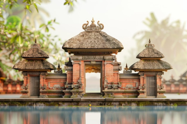 Ilustraciones en 3D del diseño arquitectónico de la antigua casa de Bali en un fondo de estilo bokeh