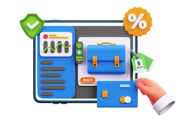 Ilustraciones 3D de la tienda de comercio electrónico de calidad premium