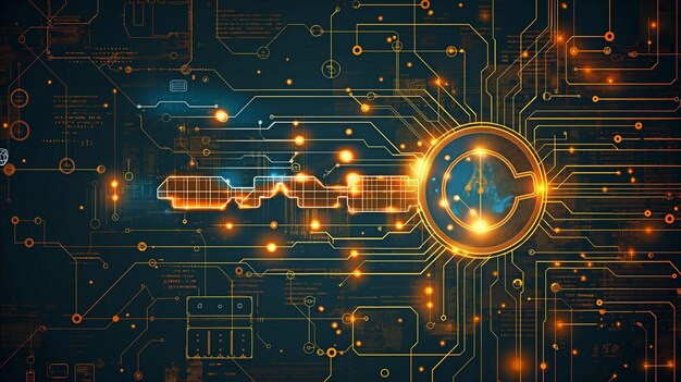 Ilustraciones abstractas que representan la seguridad digital y la tecnología blockchain con claves de circuitos interconectados y símbolos de criptomonedas