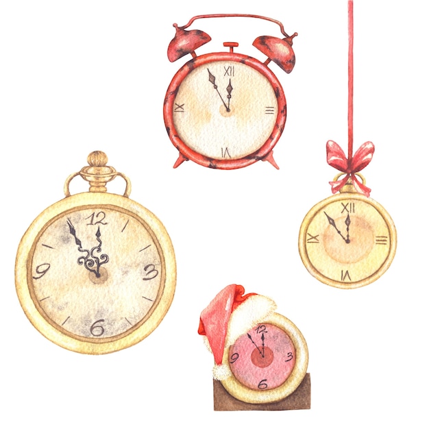 Foto ilustraciones de acuarela clip art navidad con relojes vintage en oro.