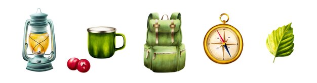 Ilustraciones de acuarela con mochila de camping de senderismo copa verde de metal brújula marina vintage dorada l