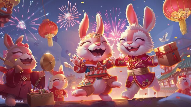 Ilustraciones de año nuevo chino de conejos disfrutando de fuegos artificiales juntos durante la noche festiva Uno hace una danza del dragón mientras el resto de los conejos sostienen cajas de regalos lingotes de oro y gongs