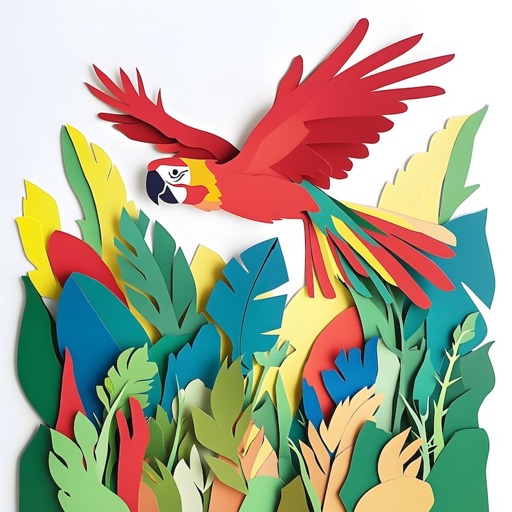 Foto ilustraciones artísticas de papel cortado de loro para niños