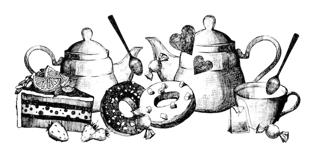 Ilustraciones en blanco y negro para la tetera para beber té con platos de té caliente bayas y dulces