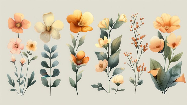 Ilustraciones botánicas antiguas detalladas con varias flores y hojas en un clásico