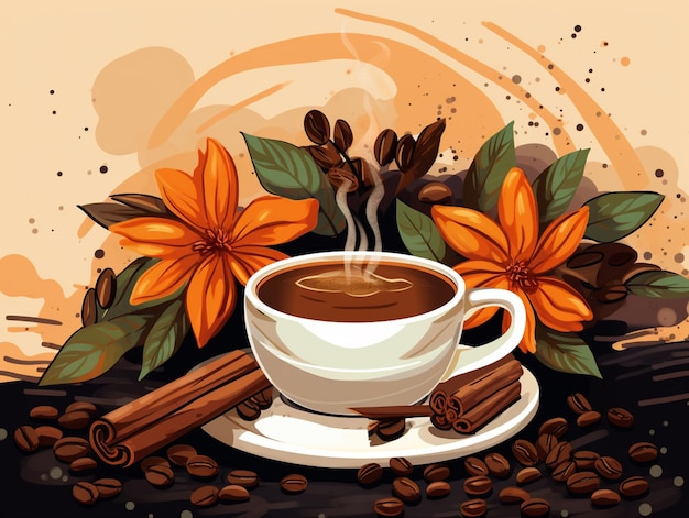 ilustraciones de café con flores y bastón de sileman