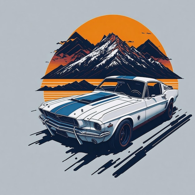 ilustraciones de camiseta diseño gráfico diseño plano de un Mustang retro blanco