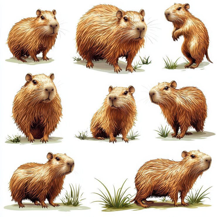 Foto ilustraciones de capibaras que muestran varias poses y expresiones que destacan sus características únicas y su naturaleza lúdica estas encantadoras criaturas están representadas en un entorno natural con hierba
