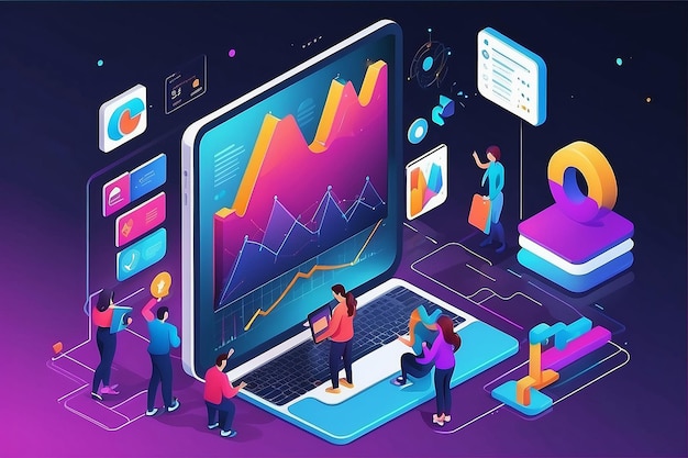 Ilustraciones concepto de negocio isométrico análisis de trabajo en equipo gráfico de marketing digital a través de computadora y personas pequeñas