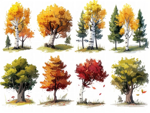 Ilustraciones contemporáneas de la colección de árboles de abedul IA generativa