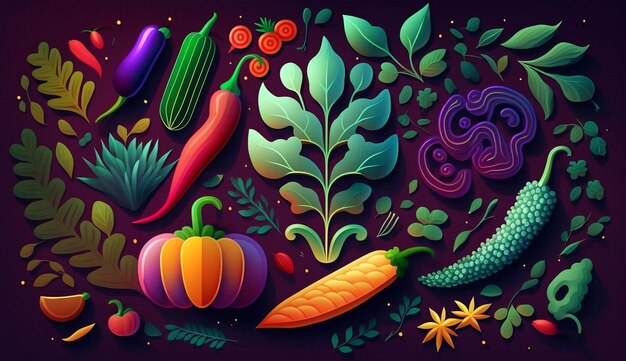 Ilustraciones dibujadas a mano con patrones vegetales con colores llamativos y vibrantes IA generativa