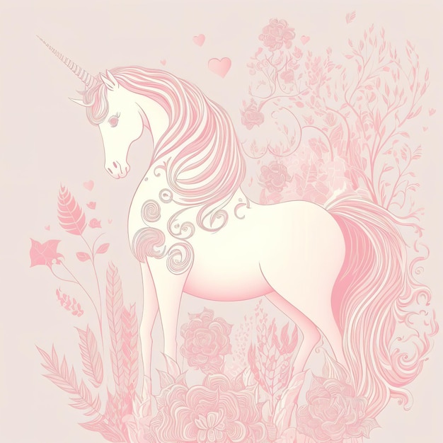 Ilustraciones de dibujo digital de un unicornio en un color rosa plano y lindo con elementos florales