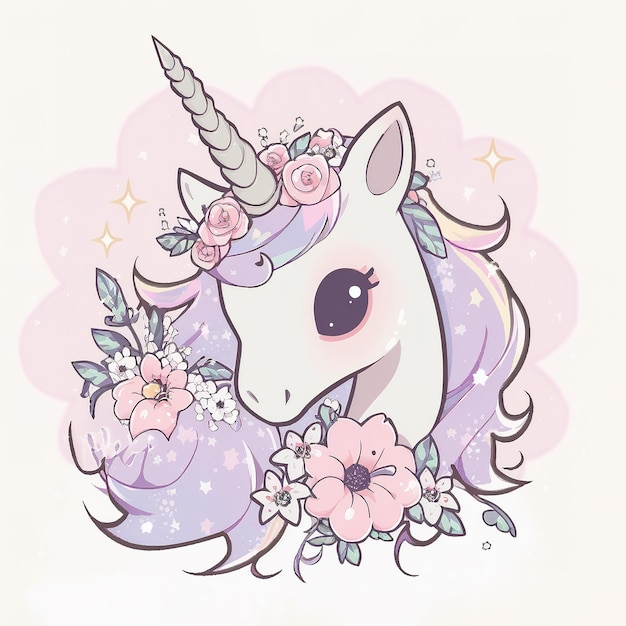 Ilustraciones de dibujo digital de un unicornio en un plano y lindo coloreado con elementos florales