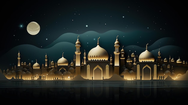 Ilustraciones de dibujos animados en 3D de mezquitas y faroles producidos para el festival sagrado. Generado por IA.