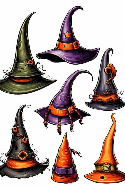 Ilustraciones de dibujos animados de un conjunto de sombreros de bruja de halloween