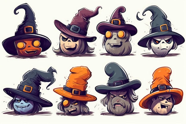 Ilustraciones de dibujos animados de un conjunto de sombreros de bruja de halloween