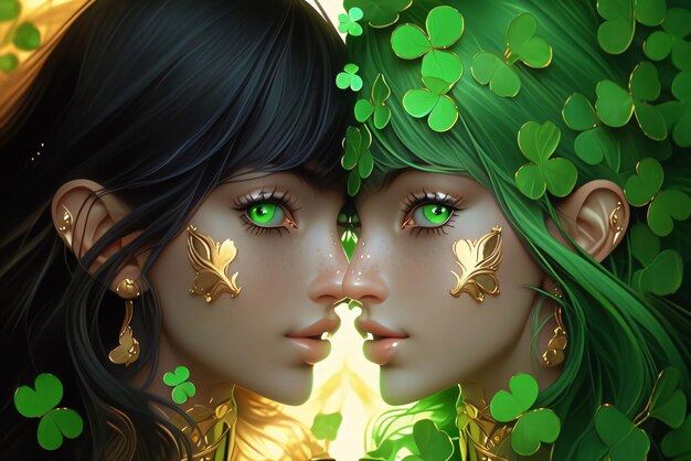 Ilustraciones de dos mujeres jóvenes con cabello verde y trébol verde Kami resumenSímbolo de color verde del Día de San Patricio