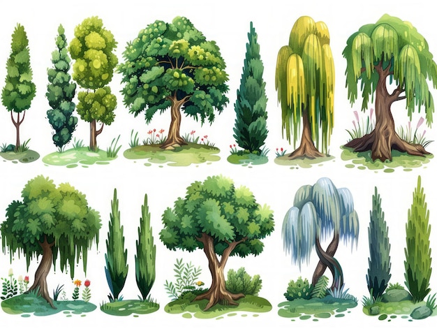Ilustraciones elegantes de árboles de sauce en un fondo blanco IA generativa