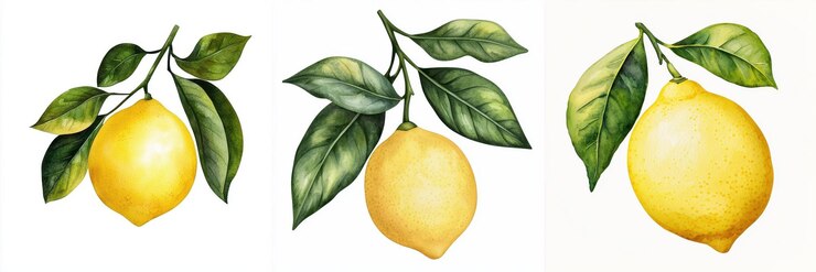 Ilustraciones frescas de limones con tonos amarillos vibrantes y hojas verdes