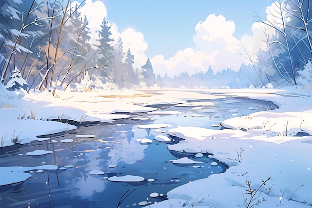 Ilustraciones de fuertes nevadas en invierno ilustraciones de escenas de ríos de invierno en un paisaje nevado