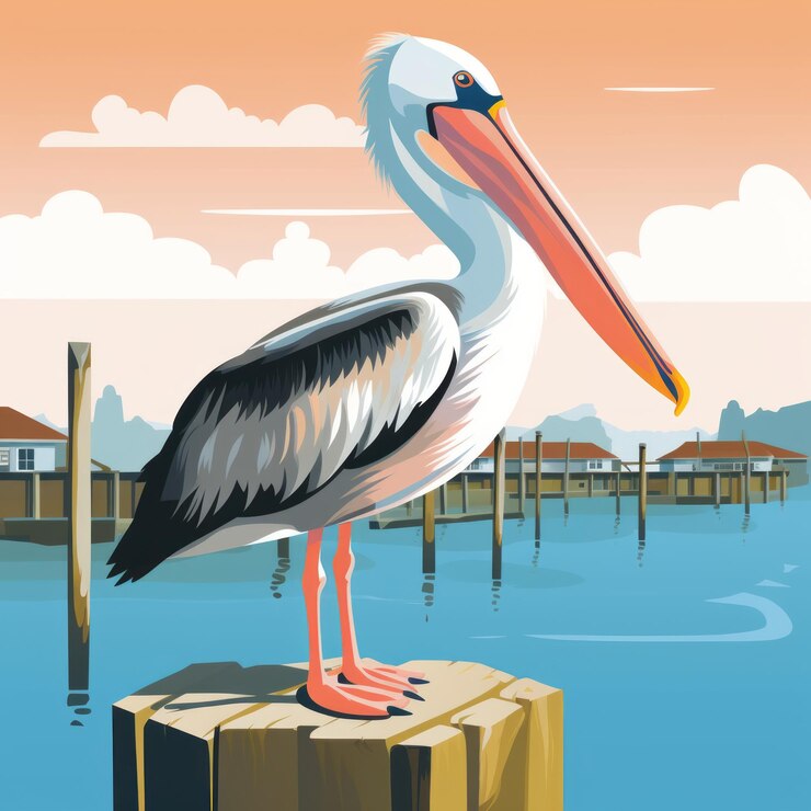 Foto ilustraciones gráficas audaces del majestuoso pelícano en un muelle de madera