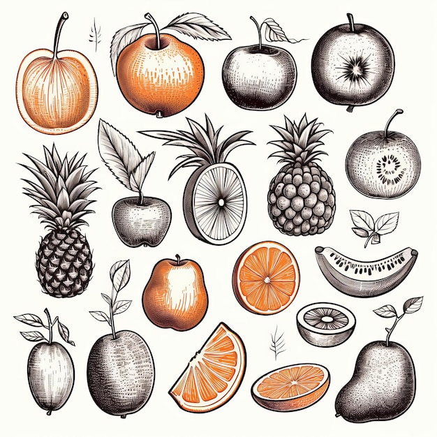 ilustraciones de líneas ásperas dibujadas a mano con un tema de fruta sobre fondo blanco