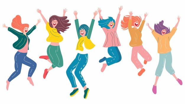 Foto las ilustraciones muestran mujeres jóvenes saltando con expresiones de alegría.