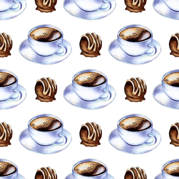 Ilustraciones de patrones de acuarela de tazas y platillos de café con leche y dulces de chocolate