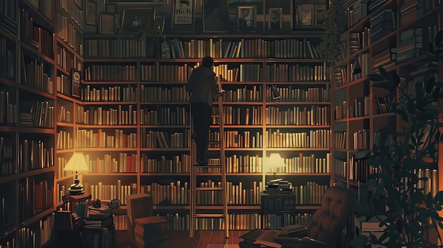 Ilustraciones de una persona subiendo una escalera en una biblioteca acogedora Fondo de libro plano estilo de dibujos animados IA