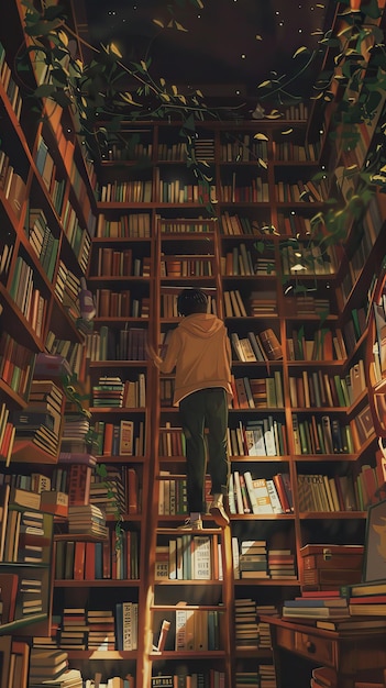 Ilustraciones de una persona subiendo una escalera en una biblioteca acogedora Fondo de libro plano estilo de dibujos animados IA