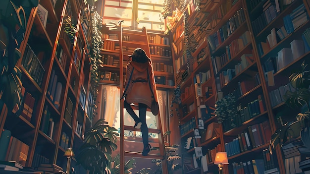 Ilustraciones de una persona subiendo una escalera en una biblioteca acogedora Fondo de libro plano estilo de dibujos animados IA