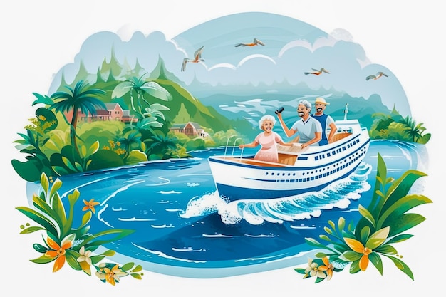 Ilustraciones de personas disfrutando de cruceros en aguas tranquilas y aventuras en el trópico.