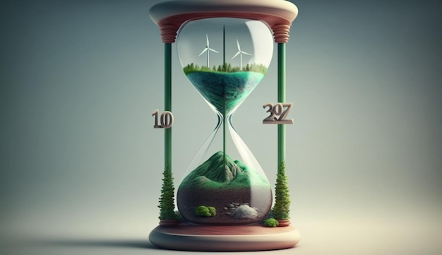 Ilustraciones de reloj de arena con ciudad ecológica verde RenewableGenerative AI