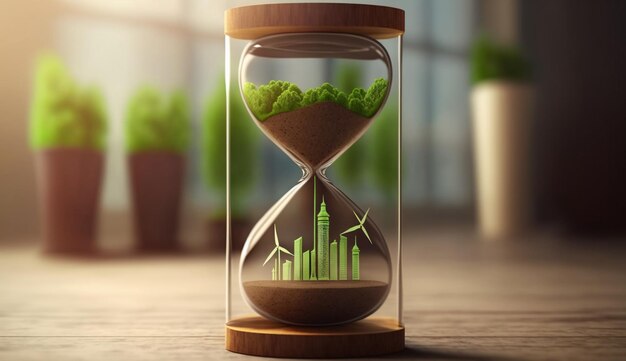 Ilustraciones de reloj de arena con ciudad ecológica verde RenewableGenerative AI