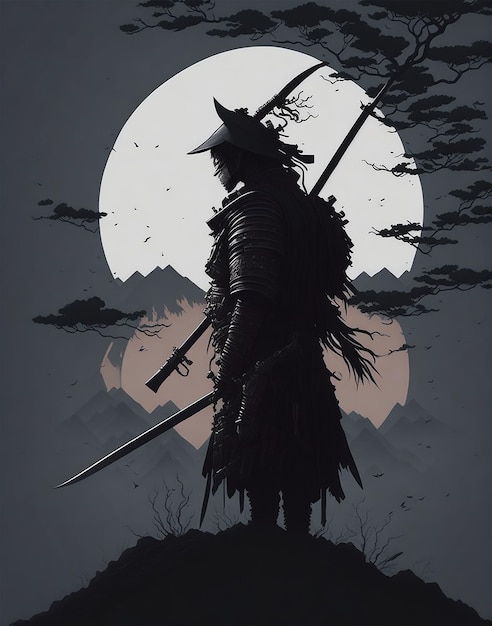 Foto ilustraciones serigala vibe japang samurai gelap siluet