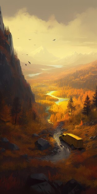 Ilustraciones del valle en tonos amarillos y ámbar