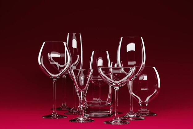 Ilustrações 3D de copos para uísque champanhe Copos de vinho para álcool em um fundo magenta