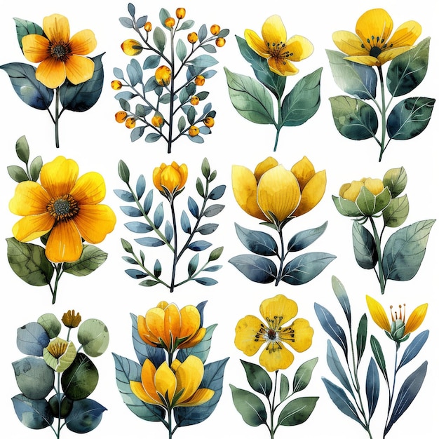 Ilustrações a aquarela pintadas à mão de flores amarelas sobre um fundo branco Perfeitas para design ou convites