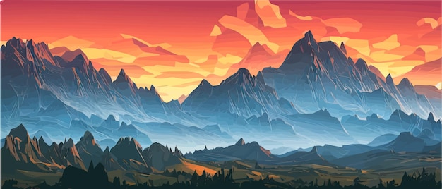 Ilustrações abstratas de uma paisagem montanhosa Nascer e pôr do sol nas montanhas O conceito de ar livre