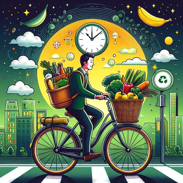 ilustrações bicicleta com uma cesta cheia de compras conceito de hora da Terra.