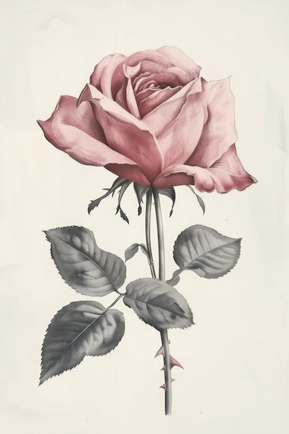 Foto ilustrações botânicas vintage de detalhes de uma rose crisp em um fundo branco sólido