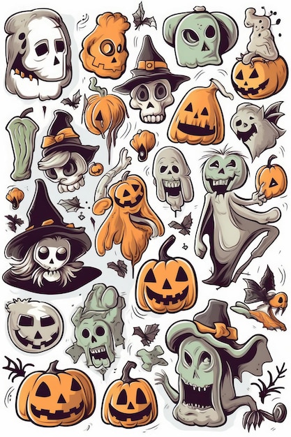 Foto ilustrações de desenhos animados de um conjunto de bruxa de halloween