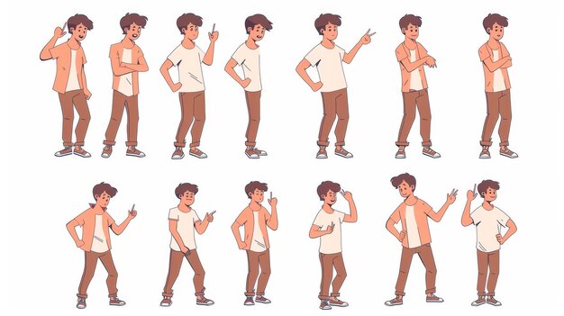 Ilustrações de estilo desenhado à mão ilustrações modernas de um personagem masculino fazendo vários gestos