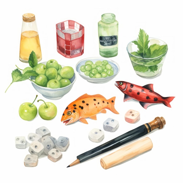 Foto ilustrações de frutas a aquarela com peixe, queijo checo e choco escocês