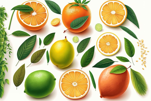 Ilustrações de frutas e plantas isoladas em um fundo branco laranja limão e coleção de limão