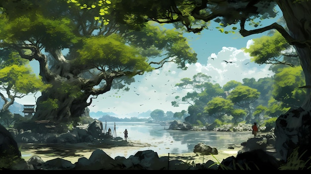 Ilustrações de paisagens de cenários animados coloridos paisagens de natureza pintura panorâmica