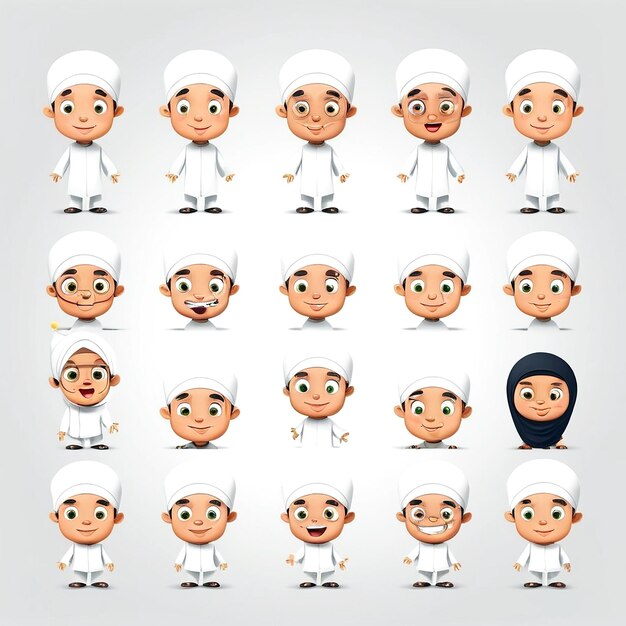 Ilustrações de personagens de desenhos animados muçulmanos com fundo branco